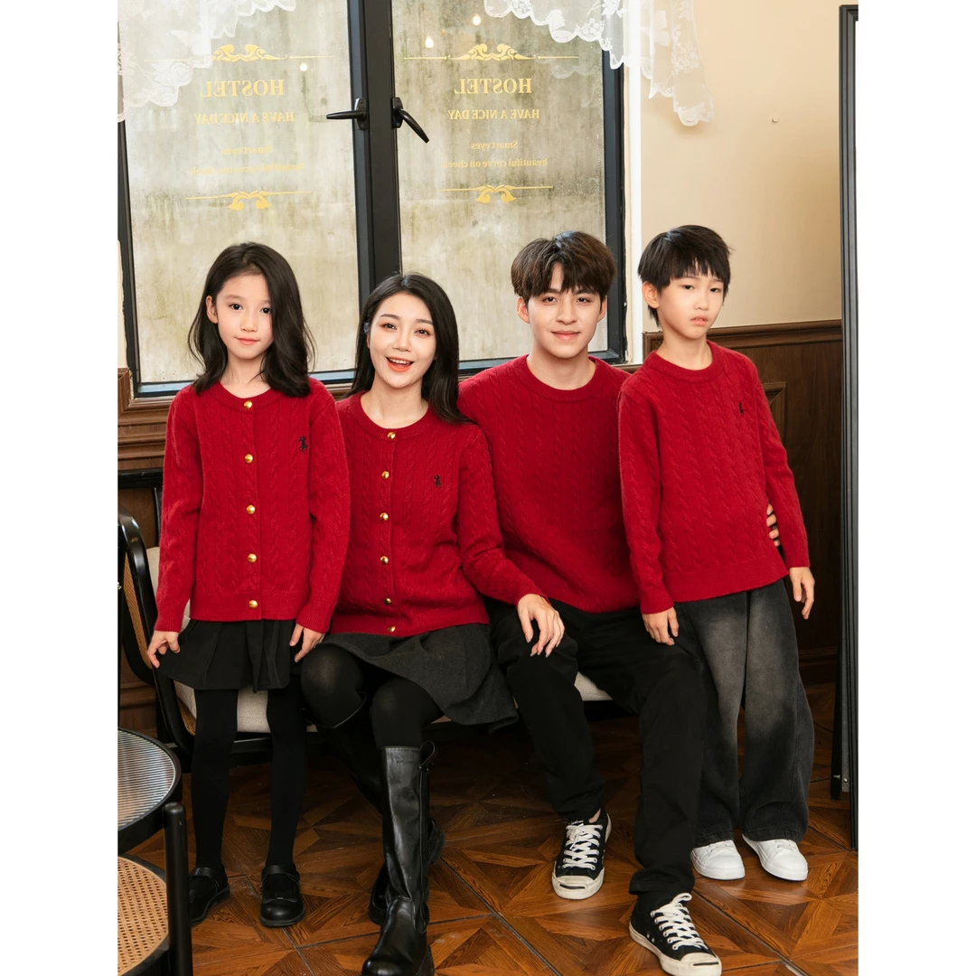 红色亲子装毛衣2025秋冬新款一家三口洋气喜庆母女装针织衫全家装