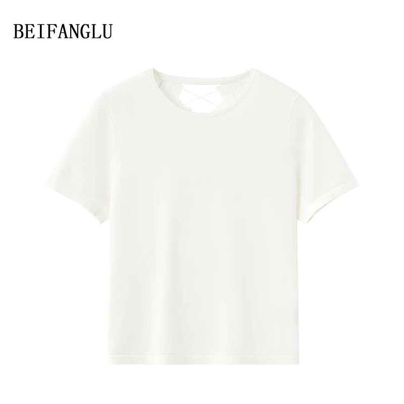 北方鹿【莱赛尔+棉】夏季法式气质拼接镂空蕾丝圆领针织T恤女30079