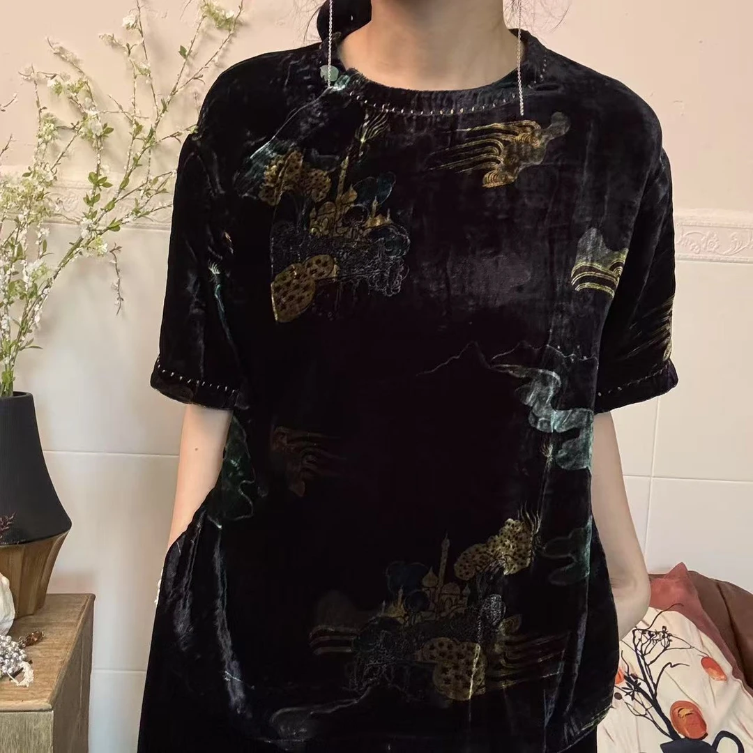 桑蚕丝丝绒新中式上衣 胸围116左右 长62左右 自制无吊牌介意慎拍