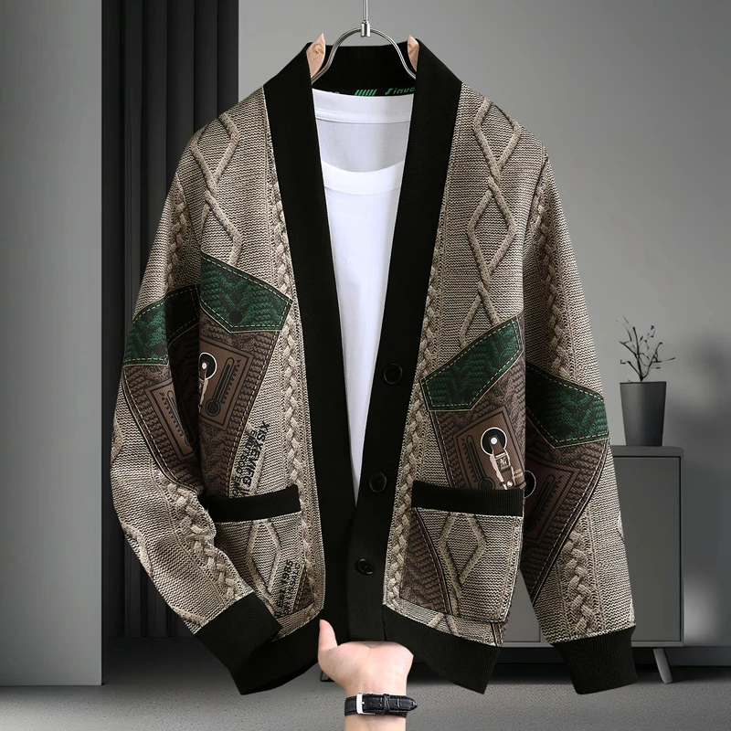 【专柜品质】轻奢开衫男士秋季新款时尚印花夹克潮流男休闲V领外套