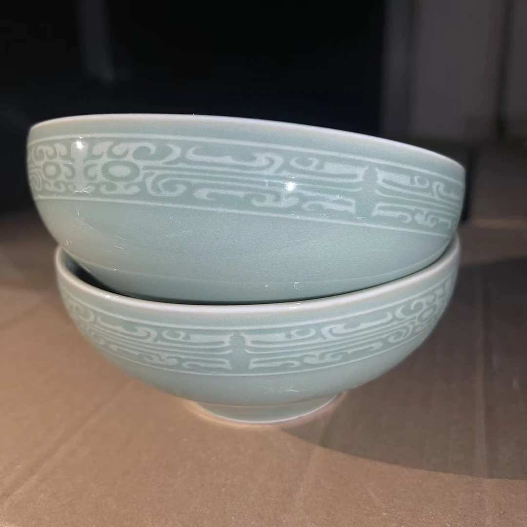 耀州窑二级瑕疵4.5英寸回纹西周碗2只 约11.8cm