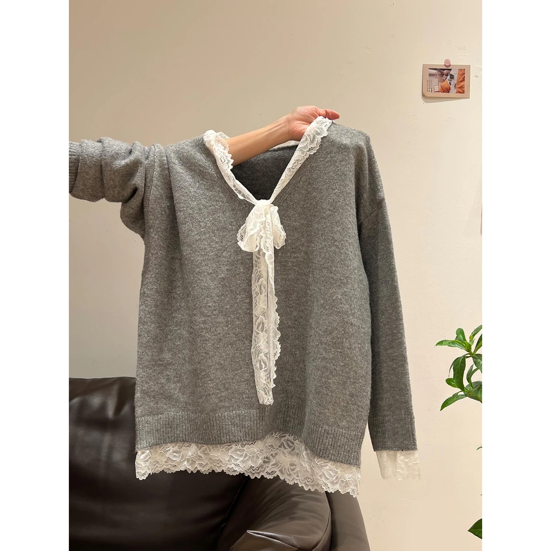 韩式新款秋冬穿搭氛围感蝴蝶结蕾丝拼接针织毛衣宽松长袖上衣女装