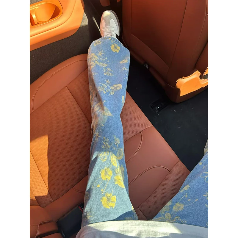 港风复古花卉印花牛仔裤男款秋季痞帅高级感裤子宽松直筒休闲长裤