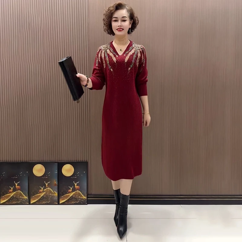 2025春秋新款针织毛衣裙宽松休闲打底长裙子阔太太洋气时髦连衣裙