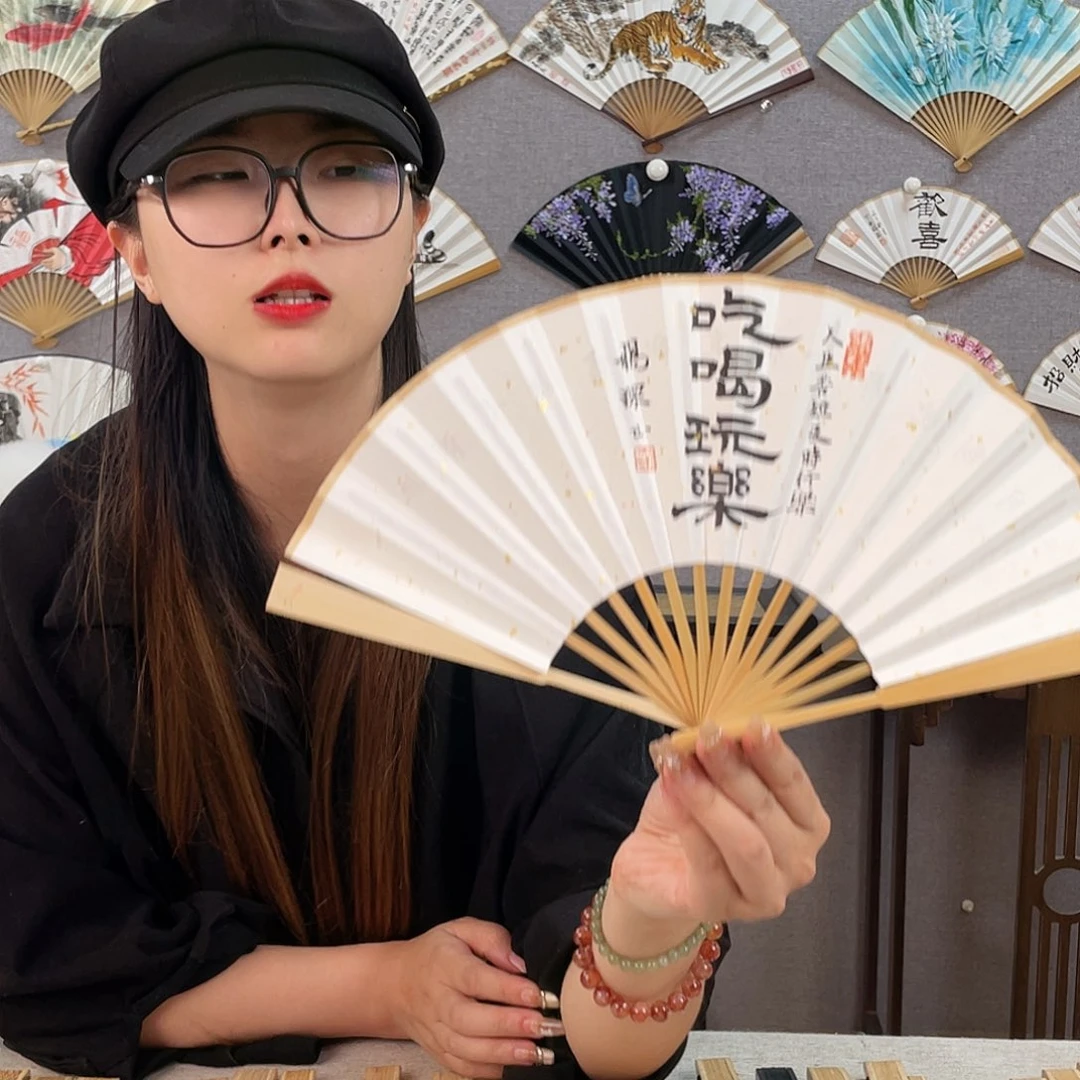 国画6寸玉竹-纯手绘-文玩扇骨（默认粘好）