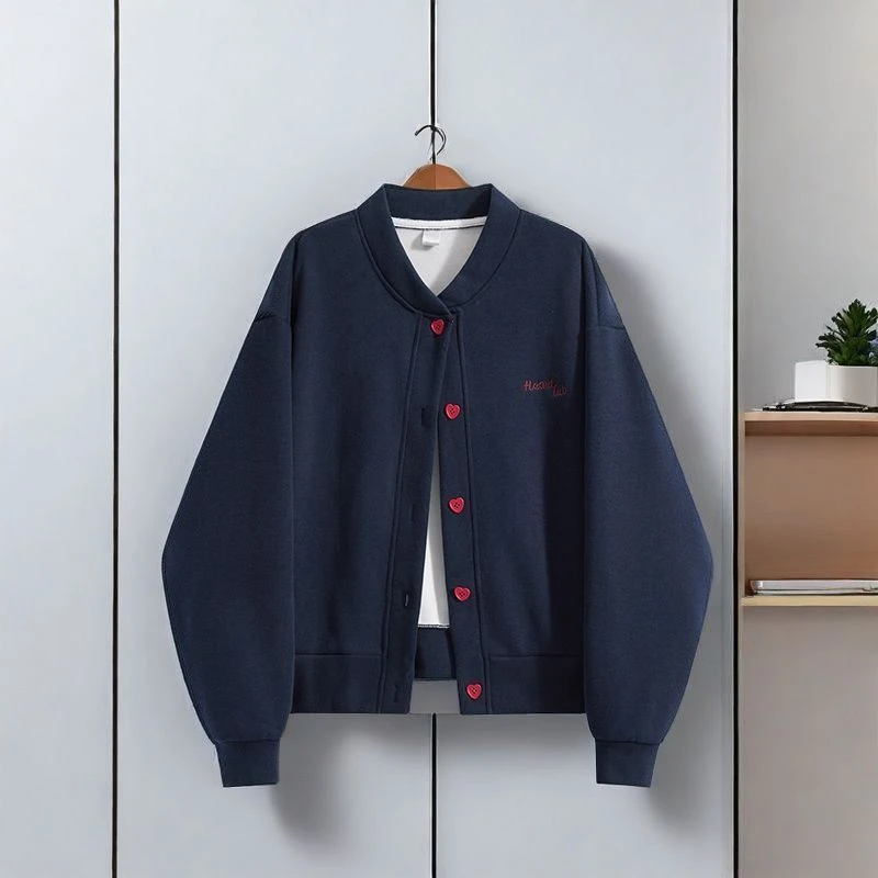 藏青色大码圆领卫衣开衫男女宽松街头休闲OL风长袖情侣外套潮薄款