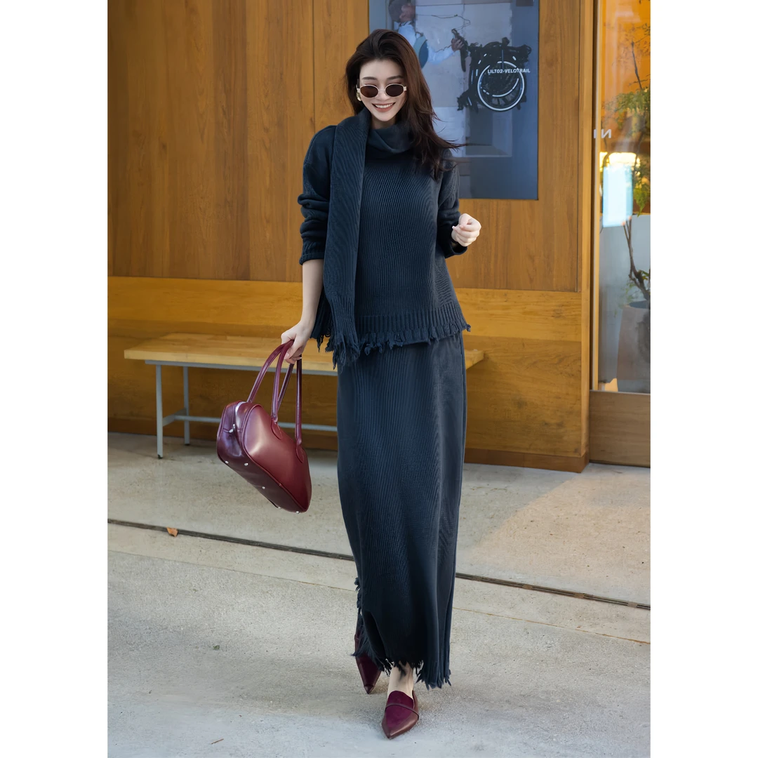 ZEROYK时尚套装女2025秋冬新款高级感围巾毛衣半身裙通勤两件套