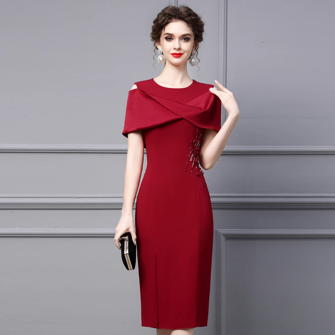 枝荔红色连衣裙女高档钉珠拼接收腰显瘦中长款礼服裙2025夏季新款