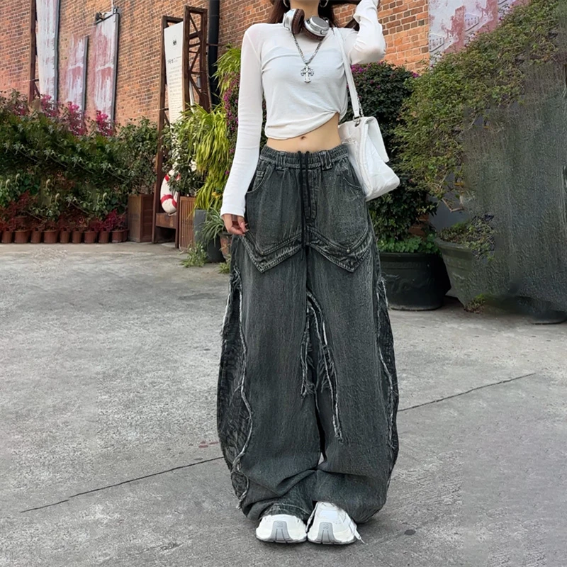 【现货】11933立体A字毛边廓形牛仔裤春季新款松紧腰宽松设计休闲裤