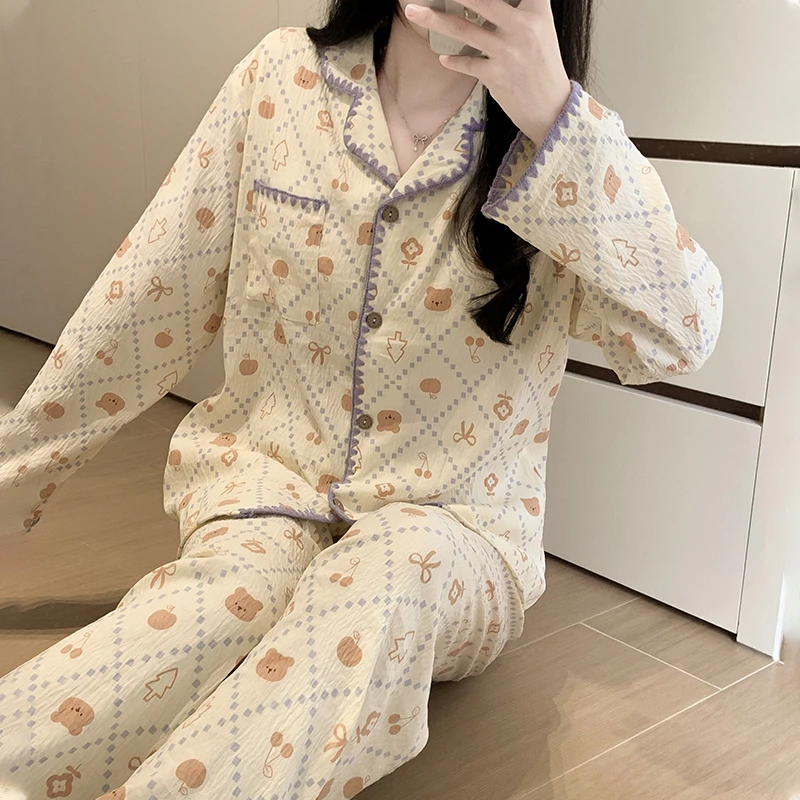 Meng luan/梦鸾带胸垫睡衣女士春秋款日系可爱小熊长袖家居服套装