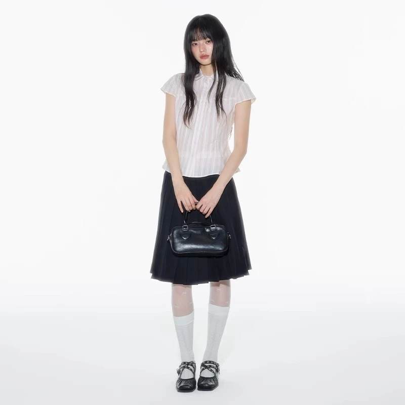 夏季新款学院风设计感甜美少女感百搭条纹翻领收腰小飞袖短袖衬衫