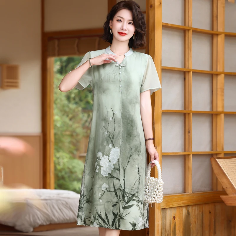 妈妈夏装洋气花色连衣裙新款中长款宽松长裙中年女时尚裙子YY8833