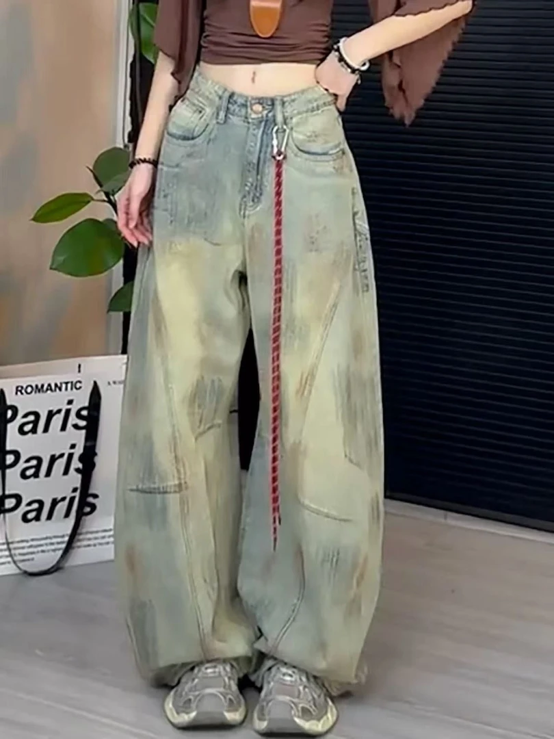 秋季小个子辣妹宽松阔腿拖地裤子美式高街复古脏染新款弯刀牛仔裤