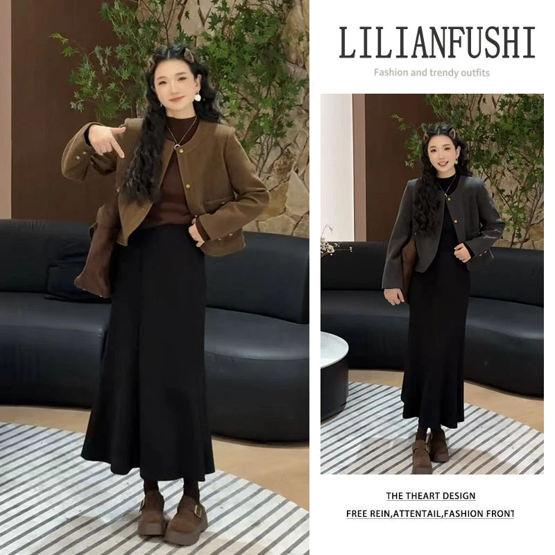 秋季穿搭一整套2025新款韩版短款长袖外套显瘦高腰半身裙两件套女