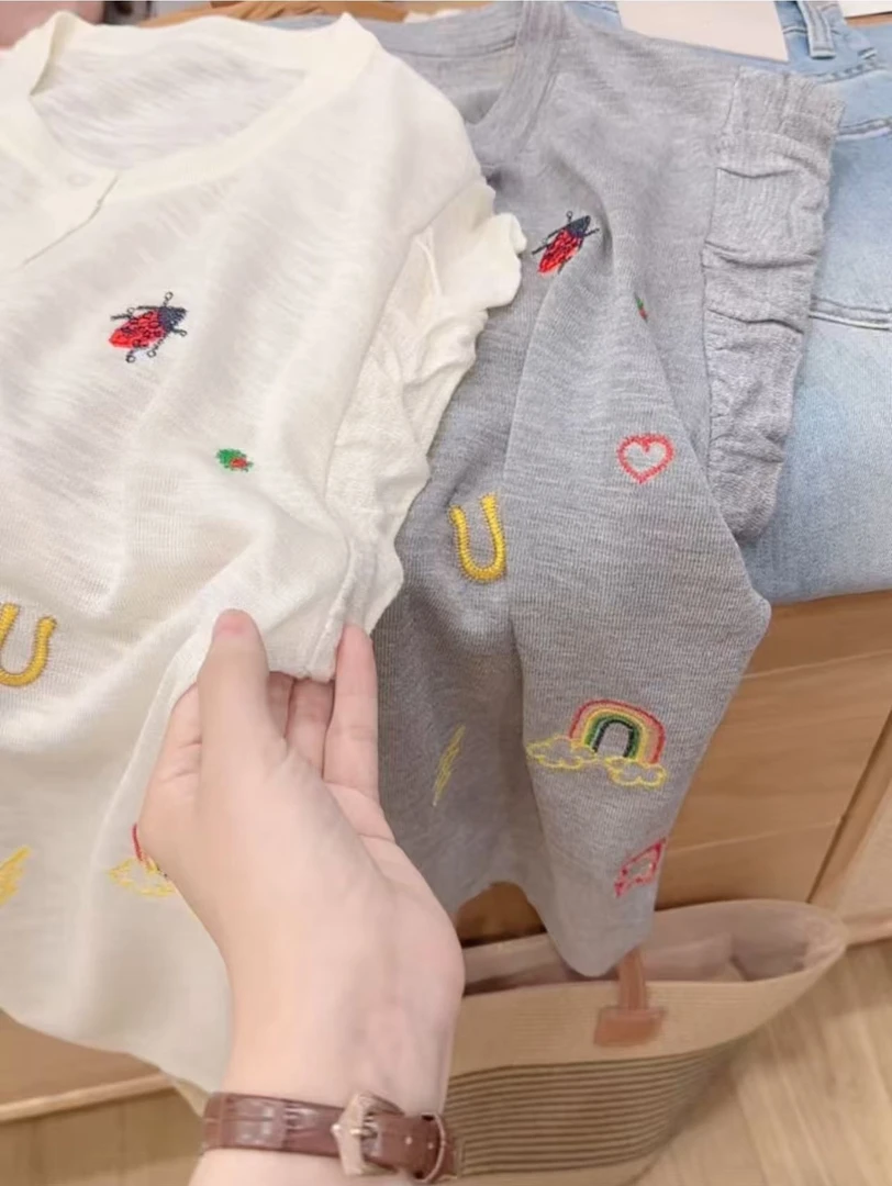 七言家巨好看!夏季新款韩系刺绣木耳边洋气飞飞袖开衫@