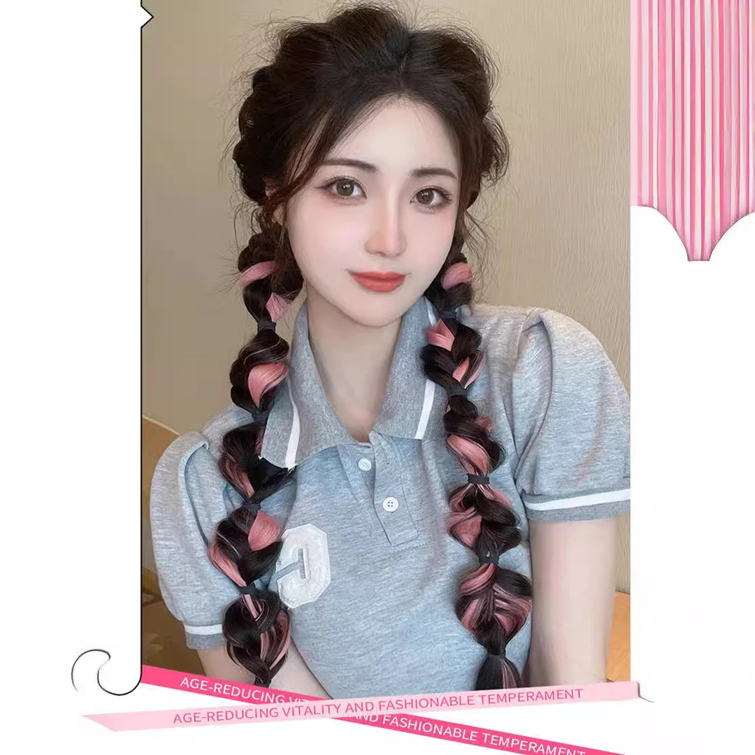 挑染自然风泡泡辫假发女拳击辫灯笼辫双假马尾麻花辫发束国产丝全