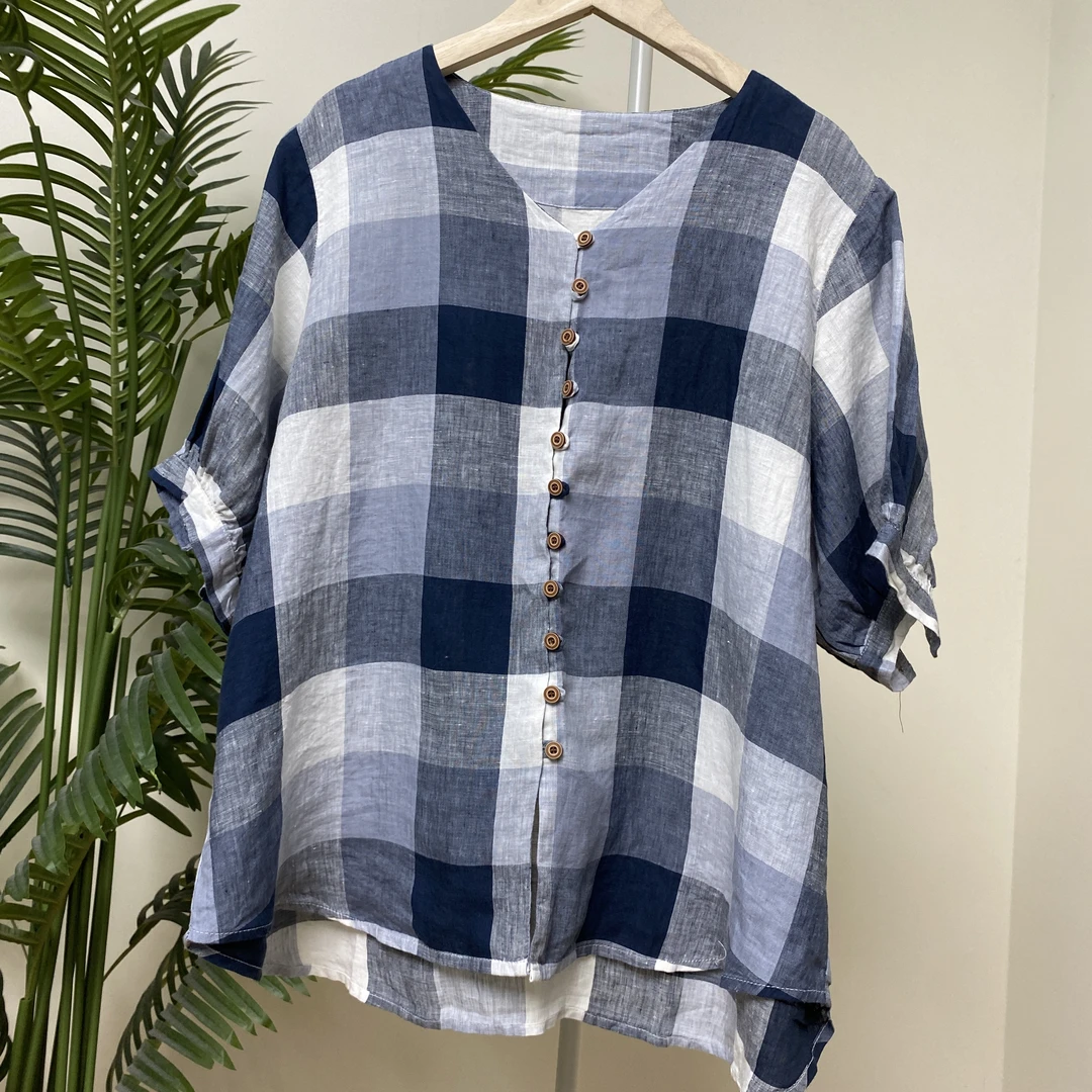 【汉麻V领蓝灰大格短袖衬衫】4062