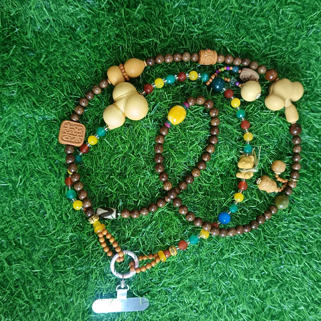 新中式葫芦斜挎手机链短款网红绿檀木串挂绳防丢挂脖