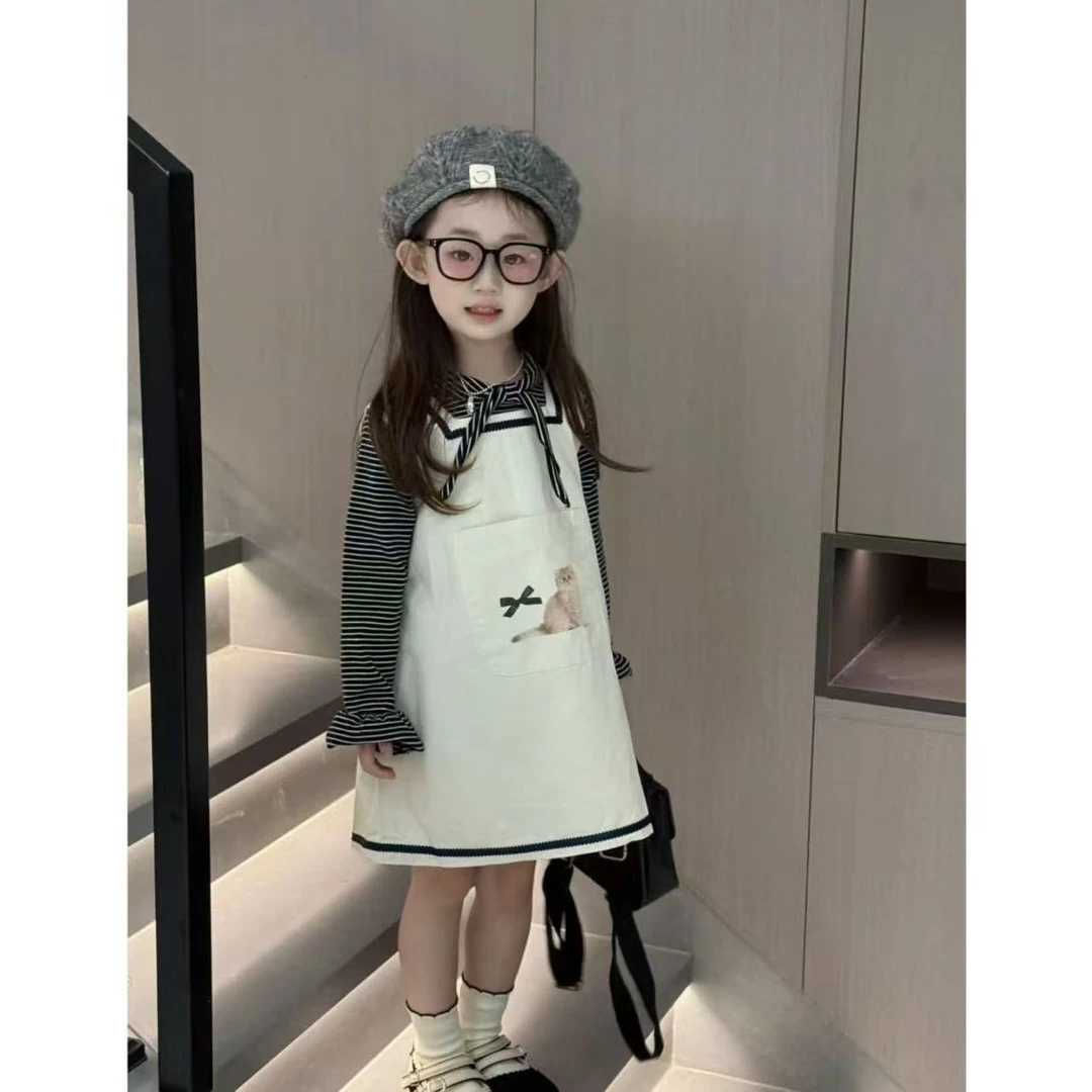 2025秋季新款女童小童韩版条纹可爱小猫背心裙套装两件套
