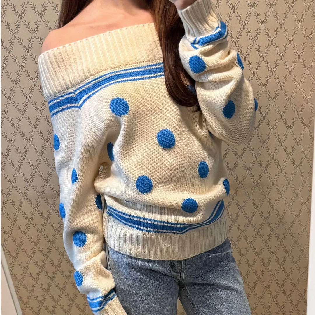 复古撞色波点一字肩长袖毛衣女秋甜辣风显瘦气质上衣