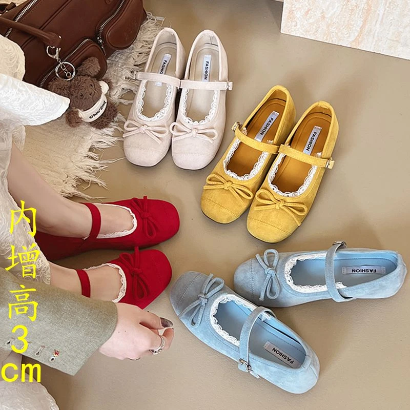 法式芭蕾内增高仙女风浅口单鞋春季玛丽珍鞋软底方头蝴蝶结奶奶鞋