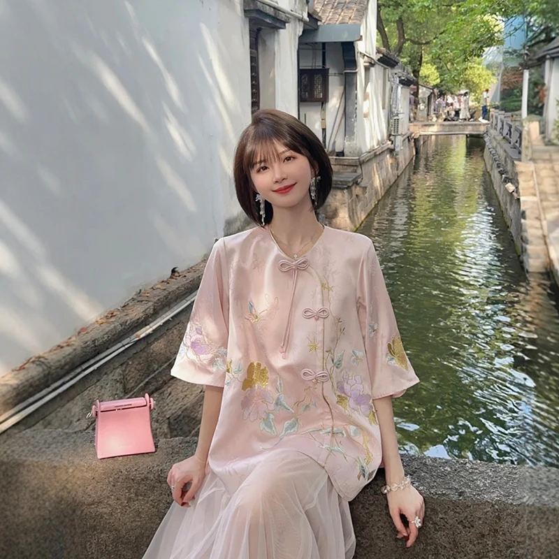 新中式高端重工刺绣粉色套装夏季薄款半袖唐装上衣网纱半裙两件套