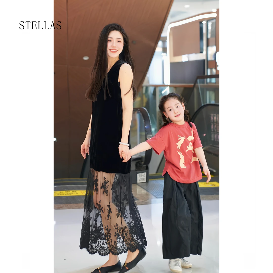 STELLAS 【邂逅优雅】复古真丝丝绒 V领拼接蕾丝网纱连衣裙
