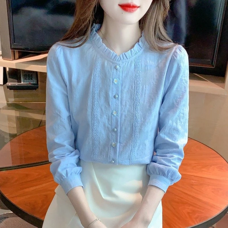 春秋季2024年新款女装木耳领纯棉衬衫女洋气全棉提花刺绣加绒上衣