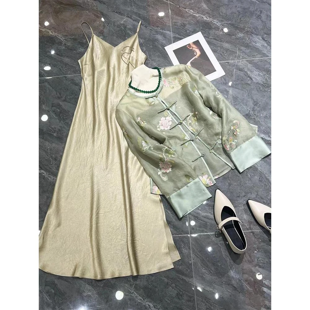 小众设计新中式女装国风套装小个子绿色刺绣衬衫缎面吊带裙两件套