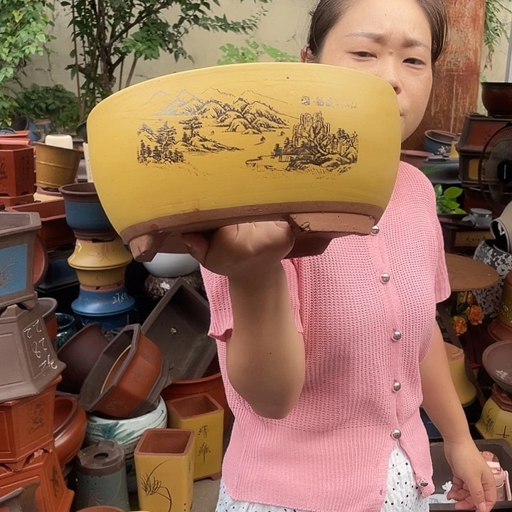 黄色江山如画中号花盆紫砂花盆