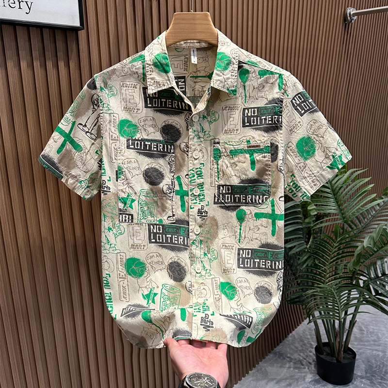 夏季潮牌个性印花短袖衬衫男士新款时尚百搭休闲青年帅气宽松衬衣