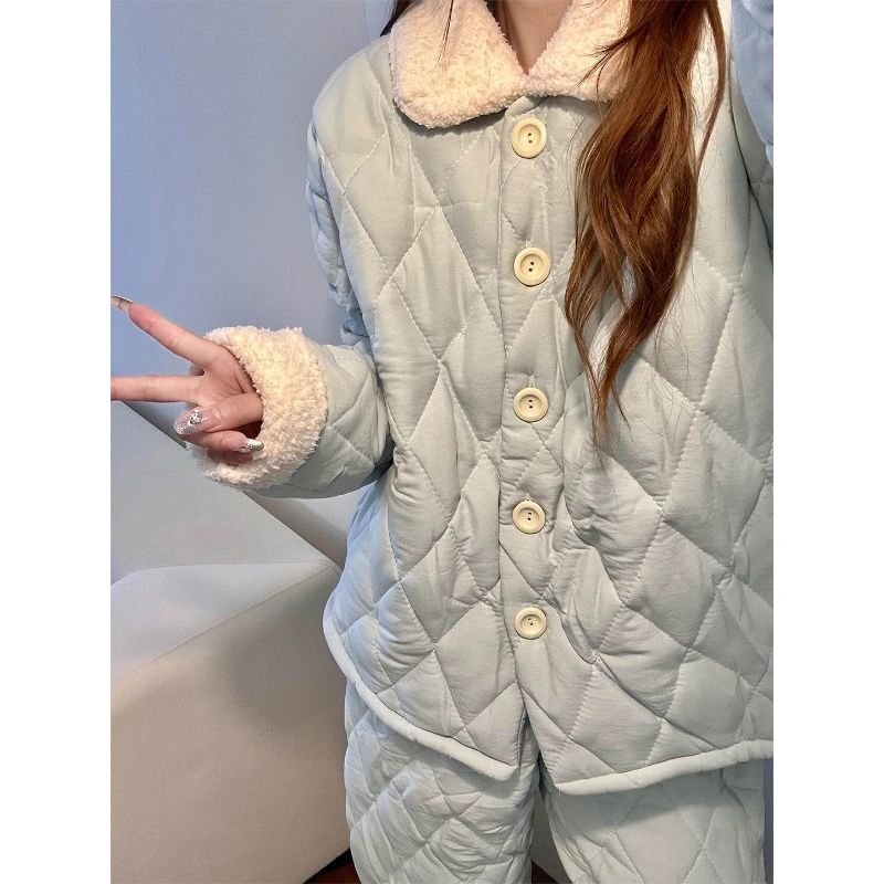 韩系少女简约加厚夹棉睡衣女秋冬季新款保暖可外穿家居服套装冬天