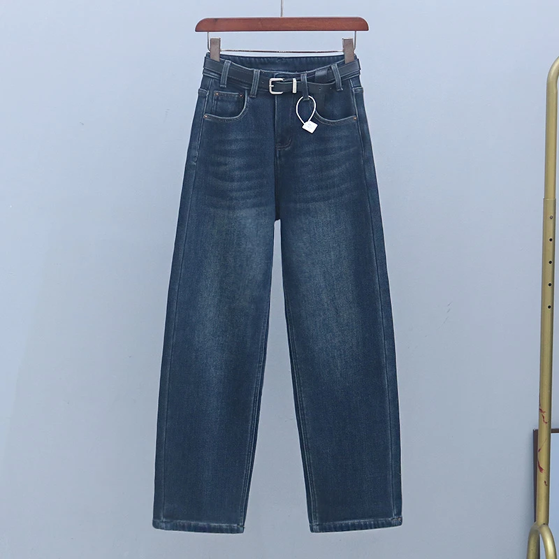 冬季高腰显瘦加绒加厚牛仔裤2025年新款时尚百搭哈伦裤深色老爹裤