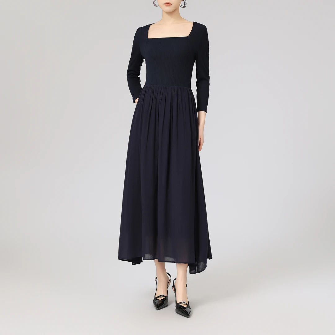 GIRDEAR/哥弟新款方领长裙高腰线气质褶皱长袖连衣裙1500542