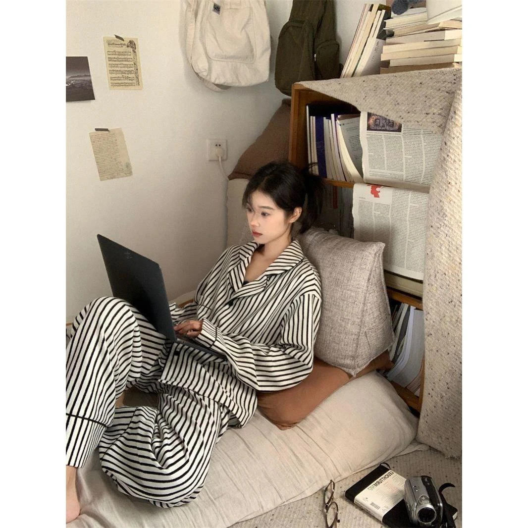 条纹睡衣长袖女式2025春秋季新款阔腿裤网红懒人风格宽松家装套装