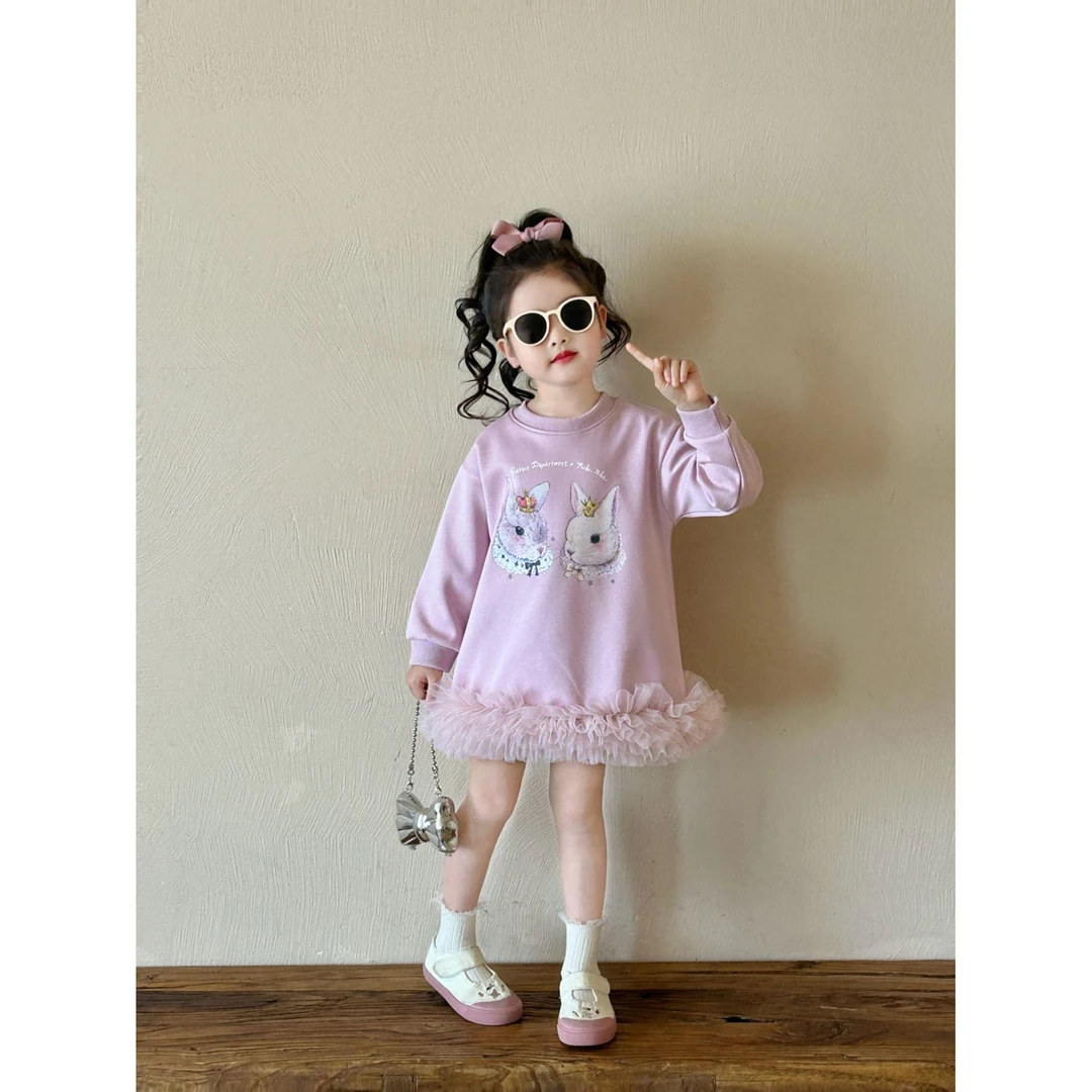 女童春款连衣裙女宝卫衣裙纱纱连衣裙公主裙子拼接纱纱裙