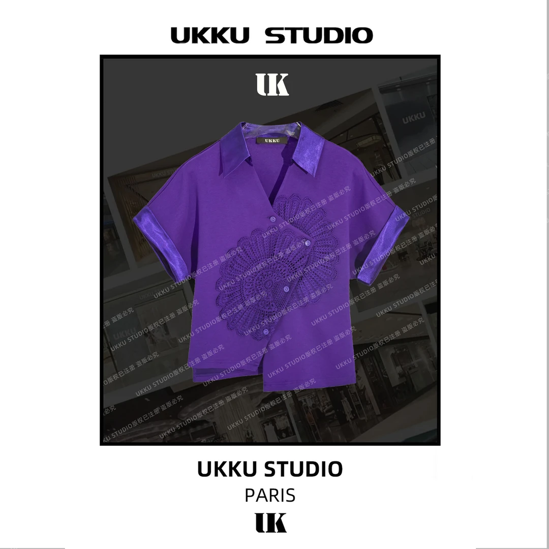 一诺【UKKU STUDIO】紫色时尚爆款宽松短袖拼太阳花女士衬衫613779