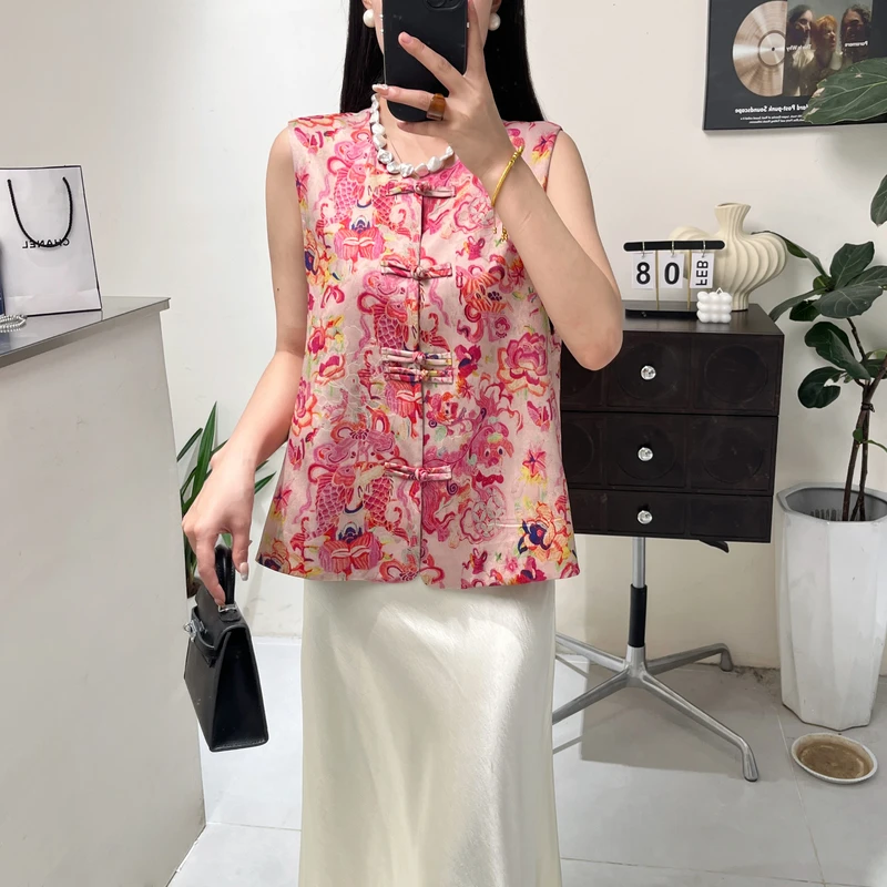 新中式复古盘扣马甲女国风唐装印花马夹外搭HQS-093
