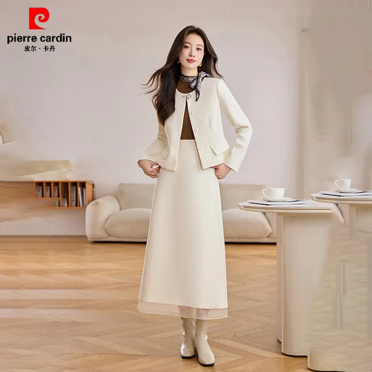 皮尔卡丹时尚休闲套装2025冬装新款女装气质优雅纯色百搭外套半裙