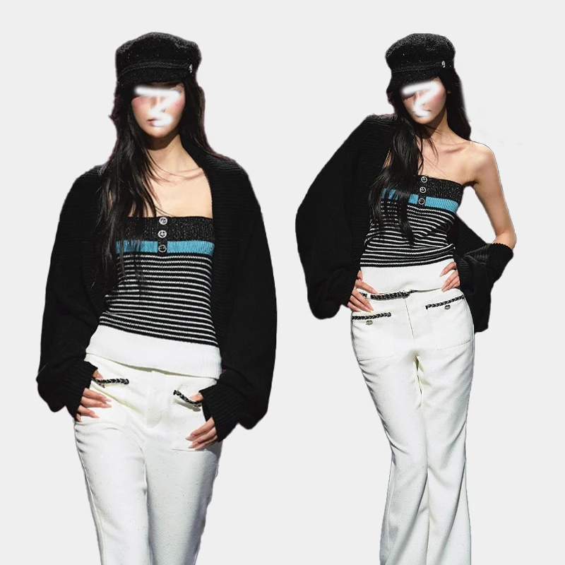 TwoMillion/慵懒撞色针织开衫披肩外套+跳舞抹胸背心上衣两件套