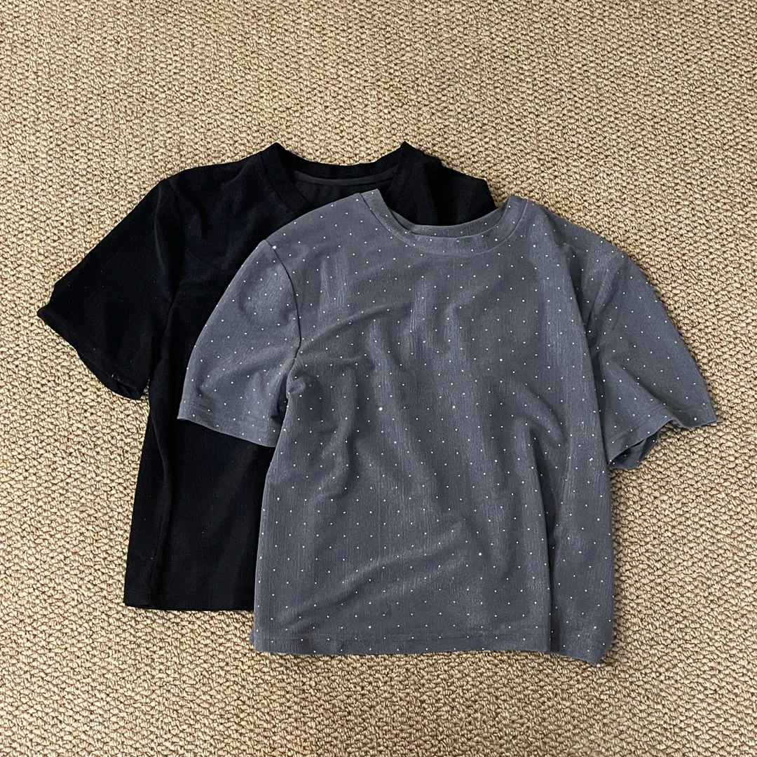 DUODUO欧洲站2025春装欧货时尚洋气圆领烫钻亮闪闪短袖T恤女