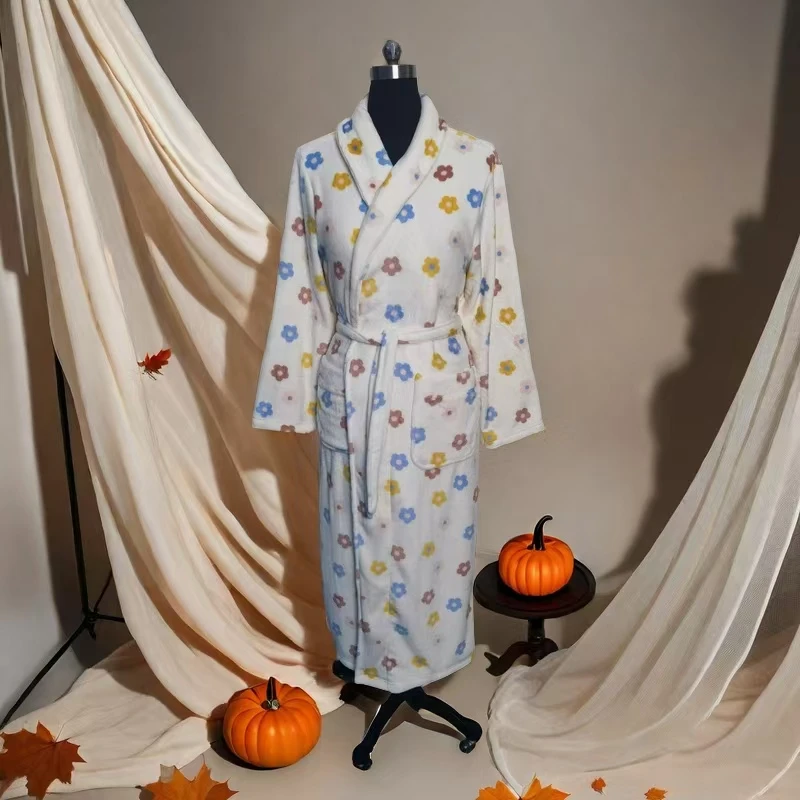 【米白小花】情侣睡袍秋冬保暖双面法兰绒柔软舒适中长款浴袍