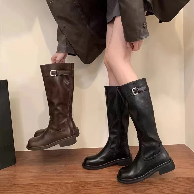 秋冬新款韩版通勤瘦瘦简约厚底裸靴长靴99-303(加绒)