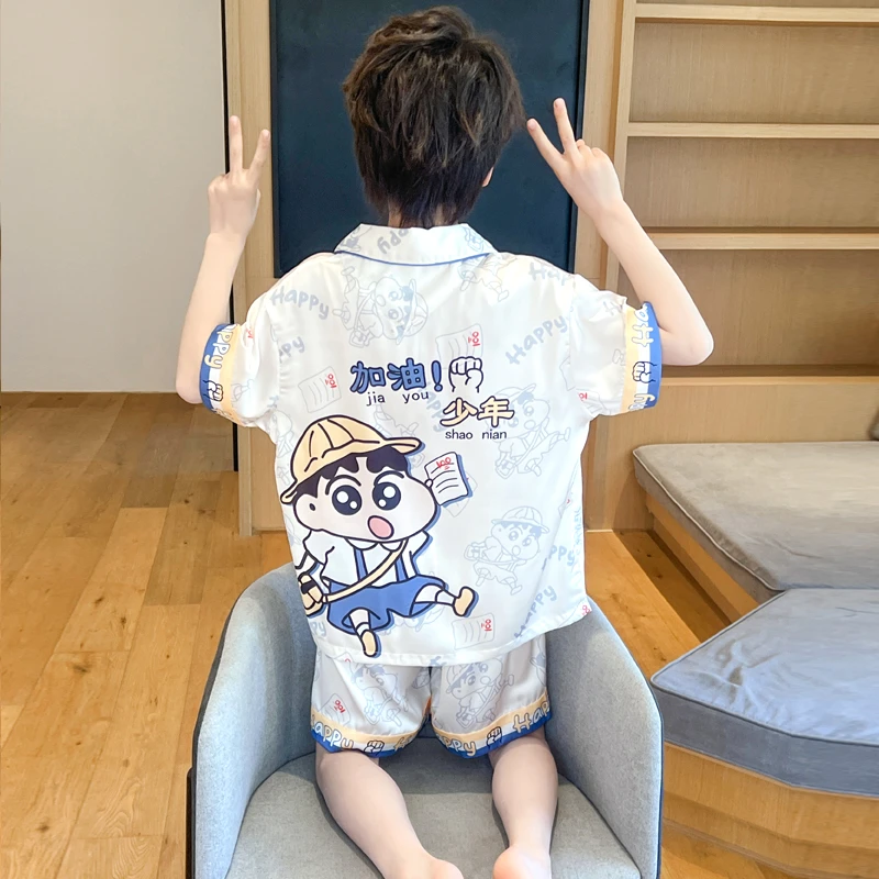 冰丝儿童睡衣男童夏季薄款套装短袖宝宝中大童夏天款空调服家居服