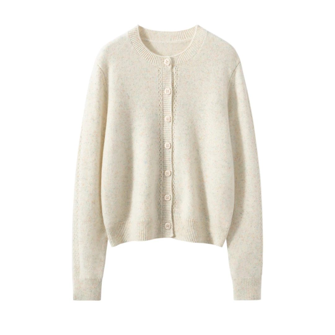 100%纯山羊绒衫段然花纱开衫圆领镂空针织开衫简约精致时尚