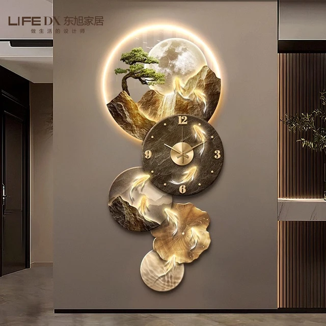 九鱼图玄关装饰画带钟表客厅背景墙壁挂画轻奢高级感流水生财挂钟