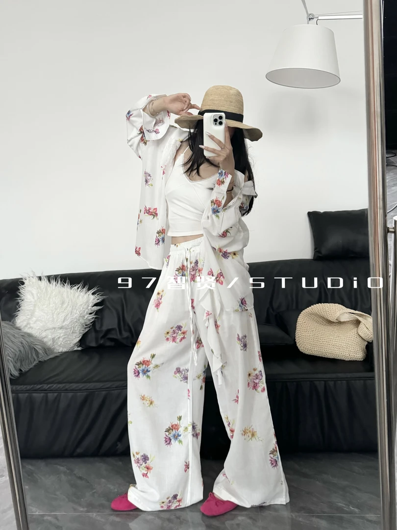 【繁花盛开韩系碎花ins风博主度假自留慵懒风阔腿裤套装】