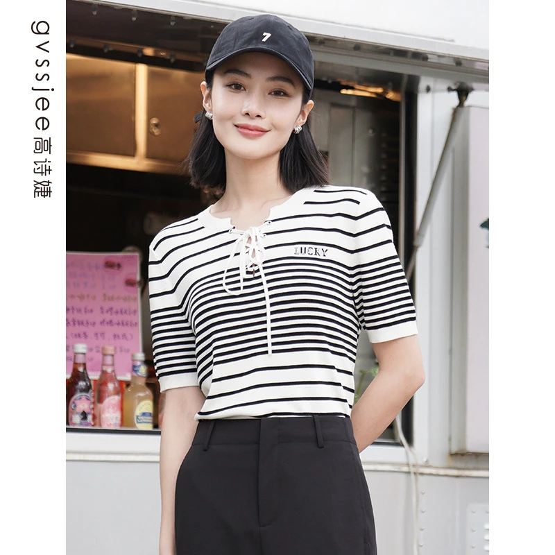 高诗婕夏季新款商场同款女士条纹针织衫百搭上衣242424288-65