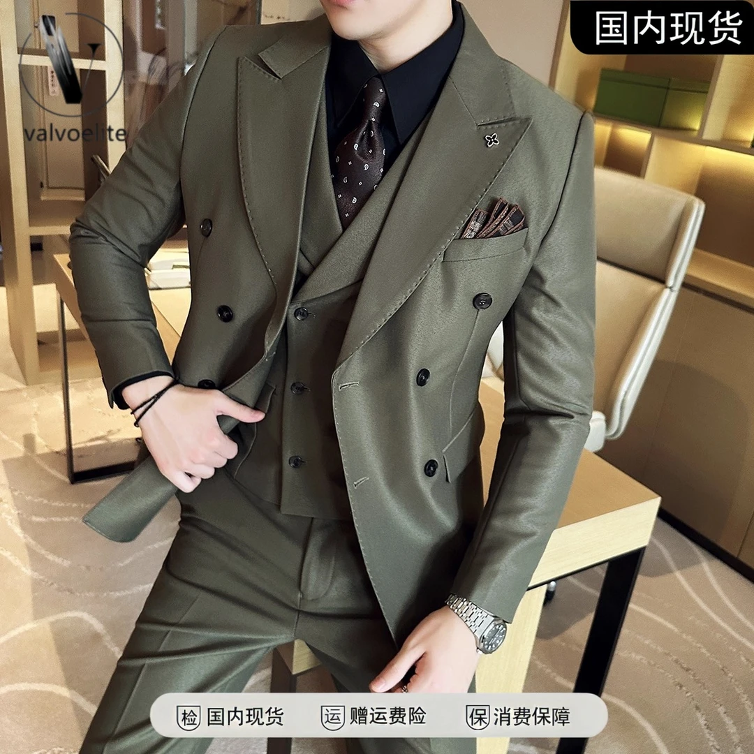 橄榄绿多色双排扣西装男套装修身正装高档结新郎男卡其色西装套装
