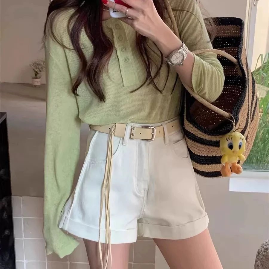 十三行品牌中间值高腰卷边简约百搭宽松韩系牛仔短裤7615